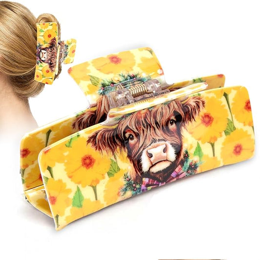 Medium Hair Claw Clip with Floral Cow Design, Plastic Non-Slip Strong Hold Jaw Clip for Thick & Thin Hair, Highland Cow Animal Hair Accessories for Women Daily Wear, Party, Travel