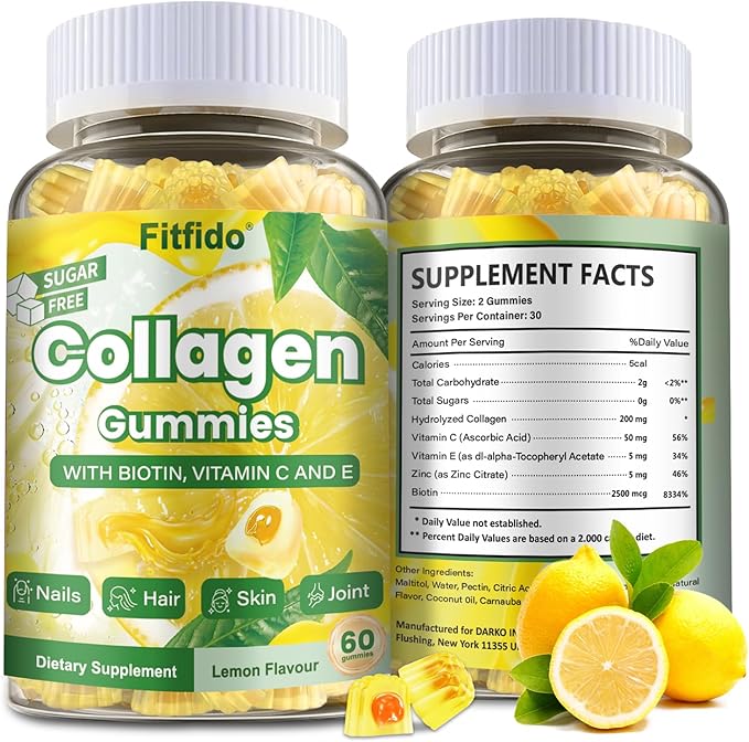 Fitfido Collagen Gummies with Multi-Collagen Peptides, Vitamin C, Zinc and Biotin - for Thick Hair, Strong Nails & Healthy Skin - Sugar Free & Vegan (Lemon Flavor, 60 Counts)