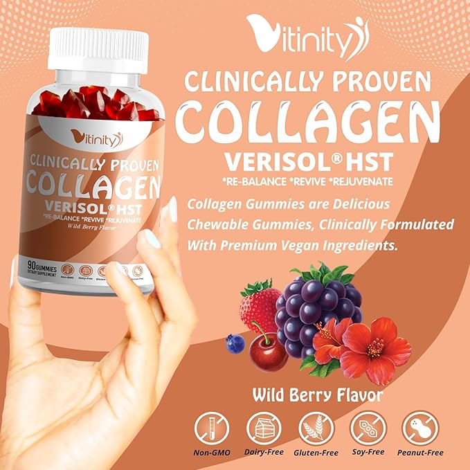 VITINITY VERISOL® HST+HA+VIT C Collagen Hard Chewy Gummies Clinically Proven Beauty.Firmer,Smoother Skin,Fewer Wrinkles,Reduced Cellulite.True Beauty from Within.The Look-Good Feel-Good -30 Day Supply