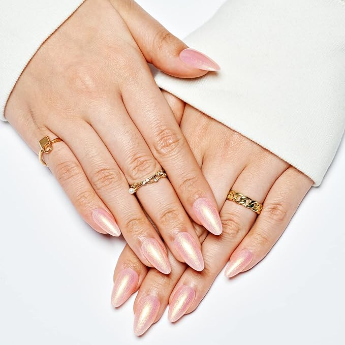 GLAMERMAID Press on Nails Medium Almond, Handmade Glossy Gel Nude Pink Golden Glitter Galaxy Fake Nails Shinny Stiletto, Short Oval Pearl Shimmer Acrylic False Nail Kits Stick Glue on Nails for Women