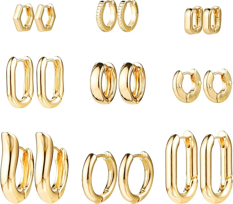 HILXURY Gold Chunky Hoop Earrings Set for Women, 14K Gold Plated Twisted Huggie Hoop Earring Hypoallergenic, Thick Open Hoops Set Lightweight