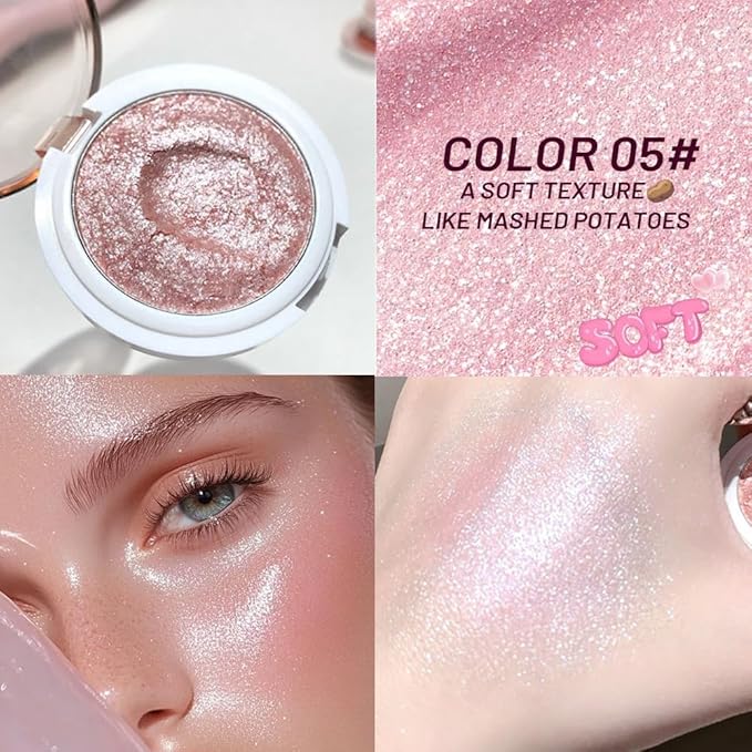 Highlighter Makeup Palette for Blush,Contour,Shadow,Face or Eye Makeup, Shimmer Glow, Creamy Mousse Pressed Powder, Intensely Pigmented, Glitter Sparkling (B03-05# Moonstone)