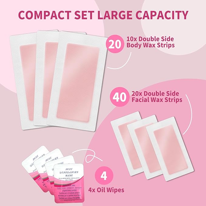hoyesch 60 PCS Wax Strips - 40 Facial & 20 Body Waxing Kit for Women’ s Hair Removal,Wax Strips for Face,Eyebrow,Body, Arms, Legs, Chest, Back, Bikini/Brazilian Waxing Strips & 4Calming Oil Wipes