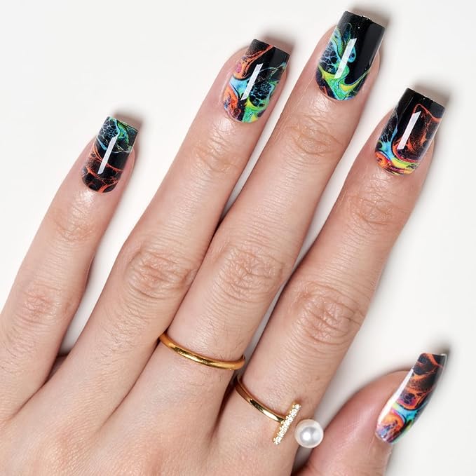 GLAMERMAID Black Press on Nails Medium Square, Tie Dye Gothic Gel False Nals, Ombre Color Oil Paint Emo Glue on Nails Kit for Women, Dark Comic Reusable Stick on Acrylic Fake Nails Manicure Set