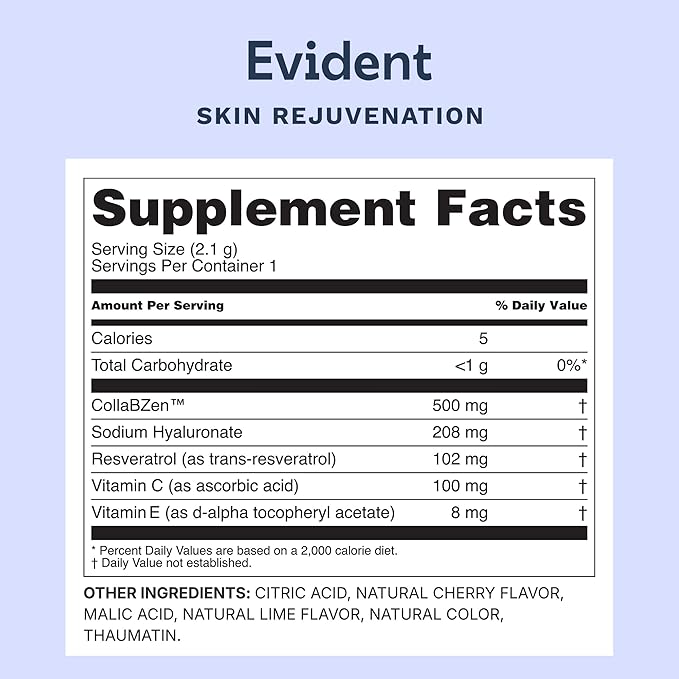 EVIDENT WELLNESS Skin Rejuvenation Powder – Collagen Supplement w/Resveratrol, Sodium Hyaluronate, CollaBZEn, Vitamins C & E – Supports Elasticity, Hydration, Firmness – 30 Stick Packs, Cherry Lime