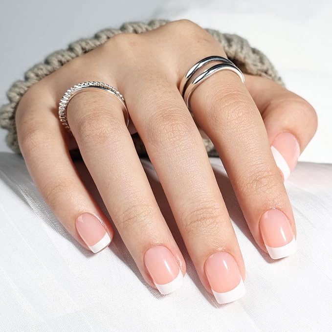 Leefrei French Tip Press On Nails, Short Square Press on Nails White Nails Press Ons for Women Fake Nails with Glue, Glossy Reusable Glue on Nail in 15 Sizes - 30pcs, Porcelain French