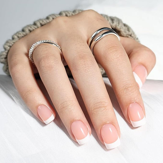 Leefrei French Tip Press On Nails, Short Square Press on Nails White Nails Press Ons for Women Fake Nails with Glue, Glossy Reusable Glue on Nail in 15 Sizes - 30pcs, Porcelain French