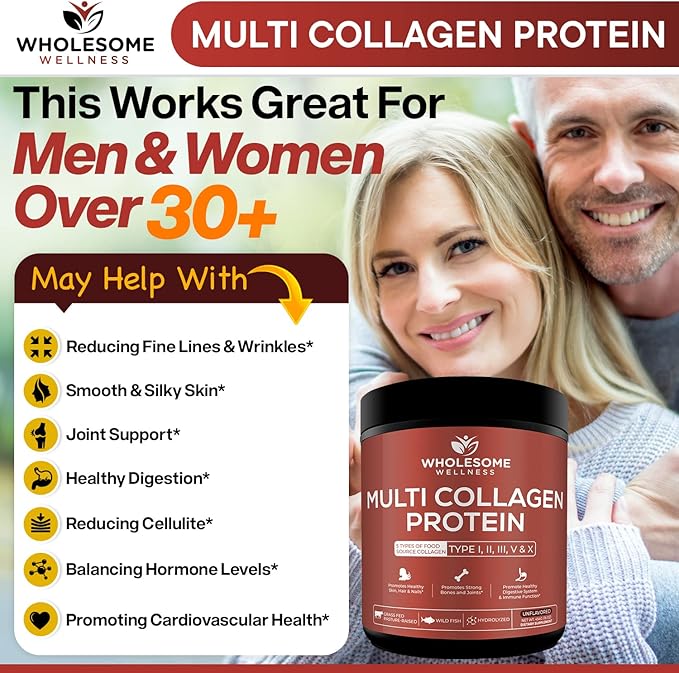 Wholesome Wellness Premium Multi Collagen Peptides Powder for Women and Men | 5 Types of Hydrolyzed Collagen | Grass-Fed, Non-GMO & Unflavored | Pure Protein for Youthful Skin & Joint Recovery