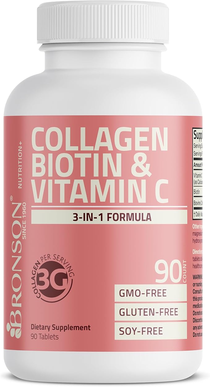 Bronson Collagen Peptides 3000mg (per Serving) with Biotin & Vitamin C - for Hair, Skin & Nails Support, Non-GMO, 90 Tablets