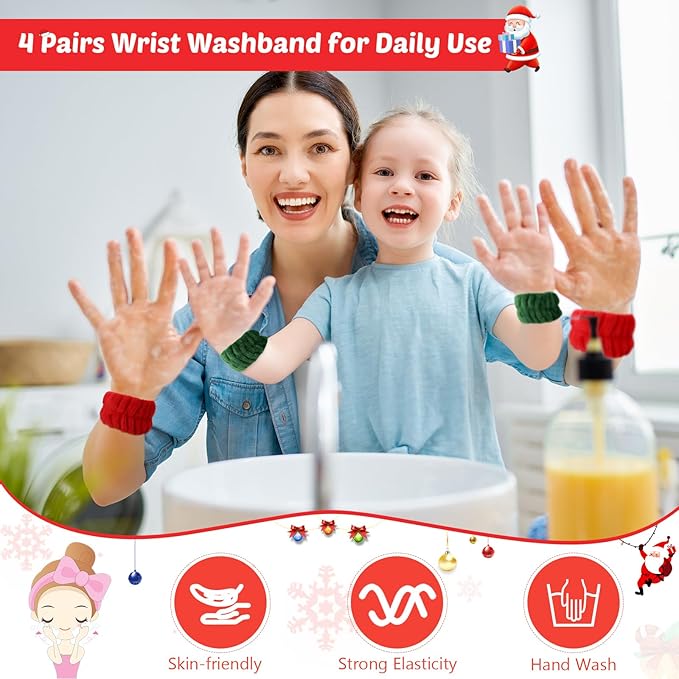 Chuangdi 4 Pairs Wrist Bands for Washing Face Wrist Spa Microfiber Wash Towel Band Scrunchies Absorbent Wristbands Sweatband for Women Prevent Liquid from Spilling(Red, Green)