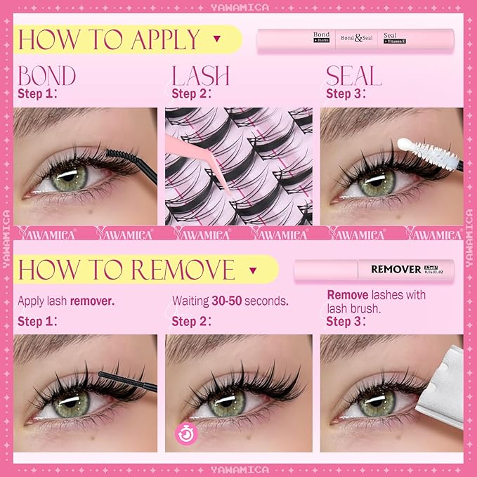 Yawamica Manga Lash Clusters Kit with Bottom Lashes DIY Eyelash Extension Kit Fairy Eyelash Clusters 8-16mm Individual Lashes Clusters Wispy Cluster Lashes with Bond and Seal Remover and Lash Tweezers