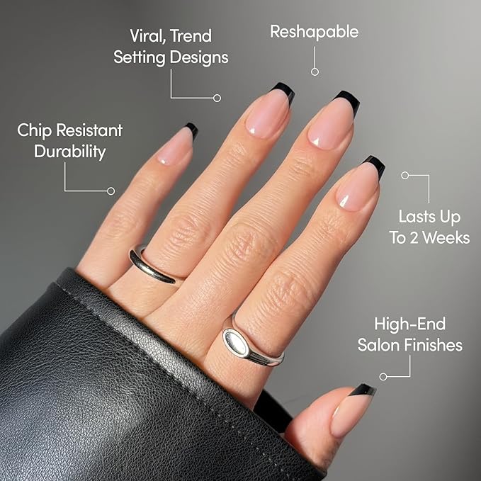 Glamnetic Press On Nails - Balsamic Glaze | Medium Coffin Black French Tip Fake Nails, Salon Quality French Manicure | 15 Sizes - 30 Nail Kit with Glue
