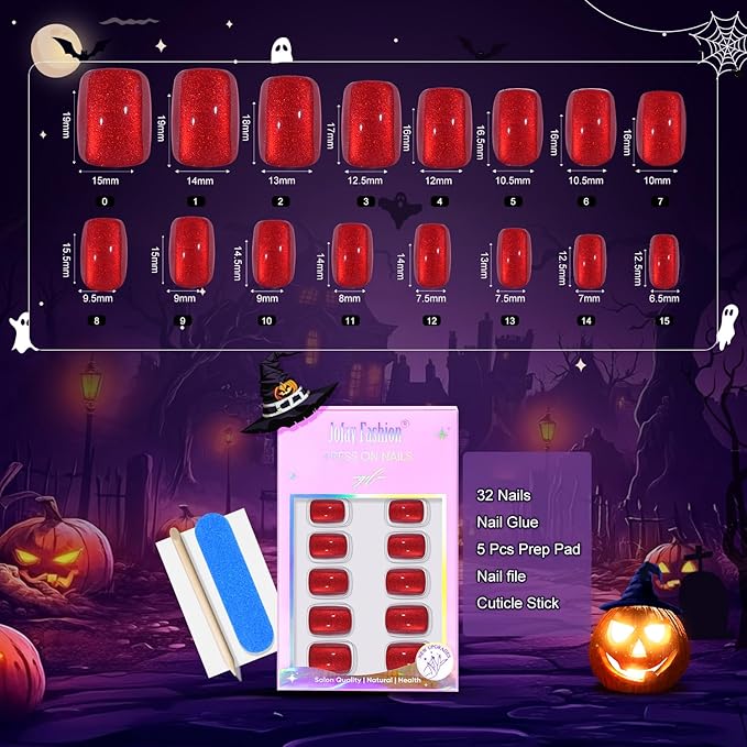 Press On Nails Short - Red Press On Nails Cat Eye Acrylic Square Red Nails with Nail Glue, Fit Perfectly Stick On Nails in 16 Sizes - 32PCS Soft Gel Kit,Crimson Fang