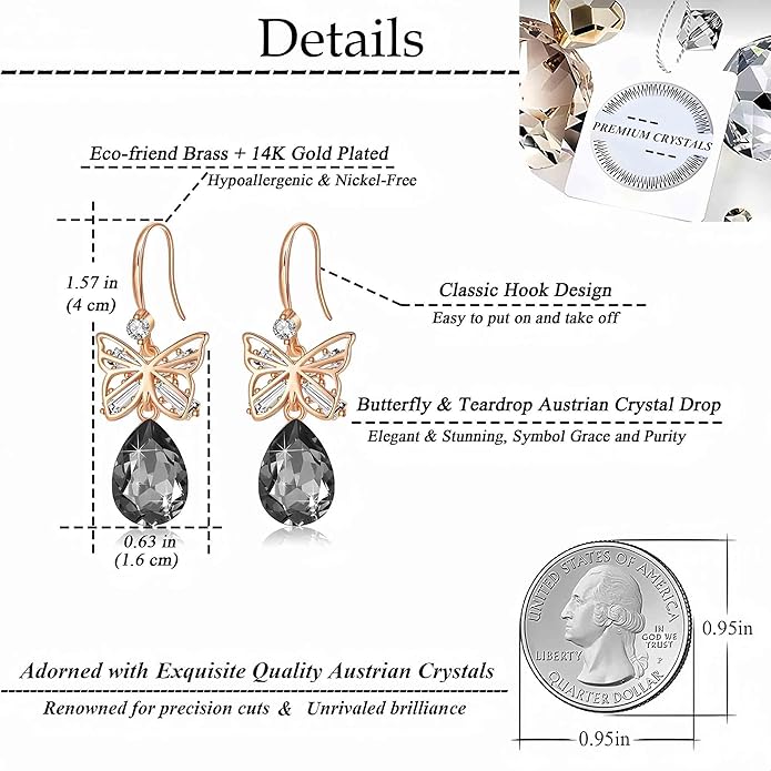Austrian Crystal Teardrop Butterfly Drop Dangle Earrings for Women 14K Rose Gold Plated Hypoallergenic Jewelry