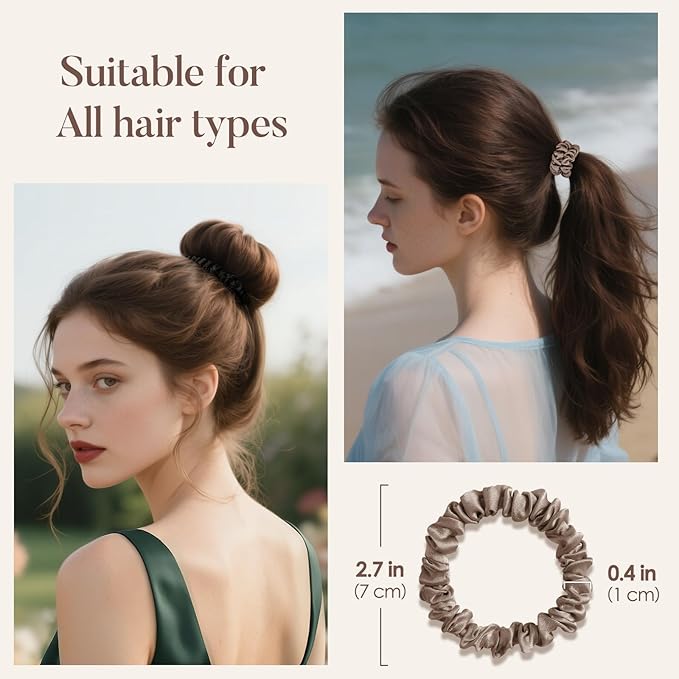 LULUSILK Small Silk Hair Ties No Damage, 100% Real Mulberry Silk, Skinny Scrunchies Ponytail Holders for Thin Fine Hair, Brown, Pack of 3