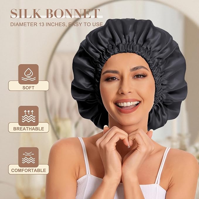 Satin Bonnet Silk Bonnet Hair Bonnet for Sleeping-Slouchy Beanie Hat Satin Sleep Cap for Women's Natural & Curly Hair(Black&Blackish Green)