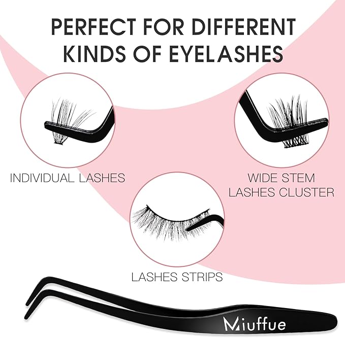Miuffue Lash Applicator Tool DIY Eyelash Applicator Stainless Steel Curved Eyelash Tweezers for Cluster Lashes (Black)