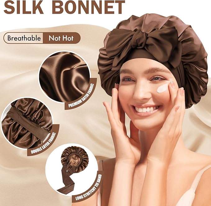 Silk Bonnet for Sleeping Women, Adjustable Soft Satin Lined Bonnet with Tie Band, Double Layer Sleep Night Cap
