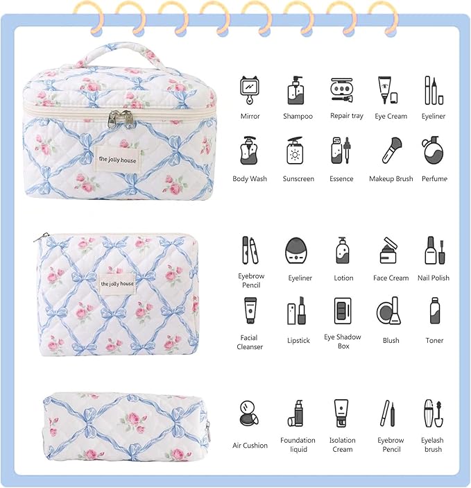 LAKSMI 3PCS Cotton Quilted Floral Makeup Bag Set for Women, Cute Make Up Bags with Brush Pockets, Large Wide-Open Toiletry Pouch Gifts for Toiletries Accessories Travelling Essentials