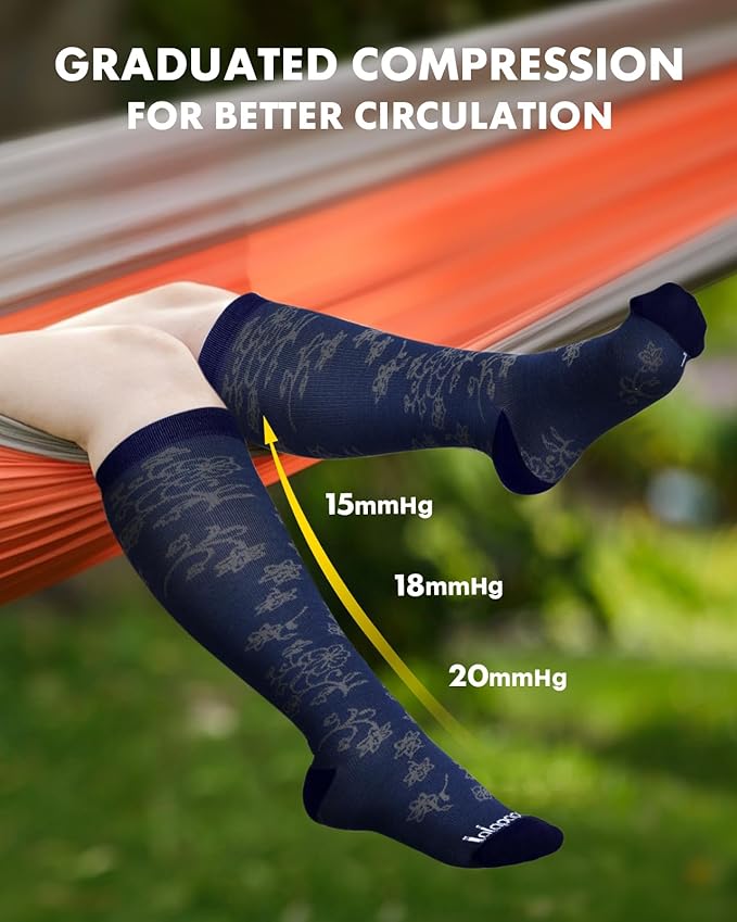 Lalapapa Bamboo Viscose Compression Socks for Women Men 2 Pairs 15-20mmHg Knee High Compression Socks Travel Nurse