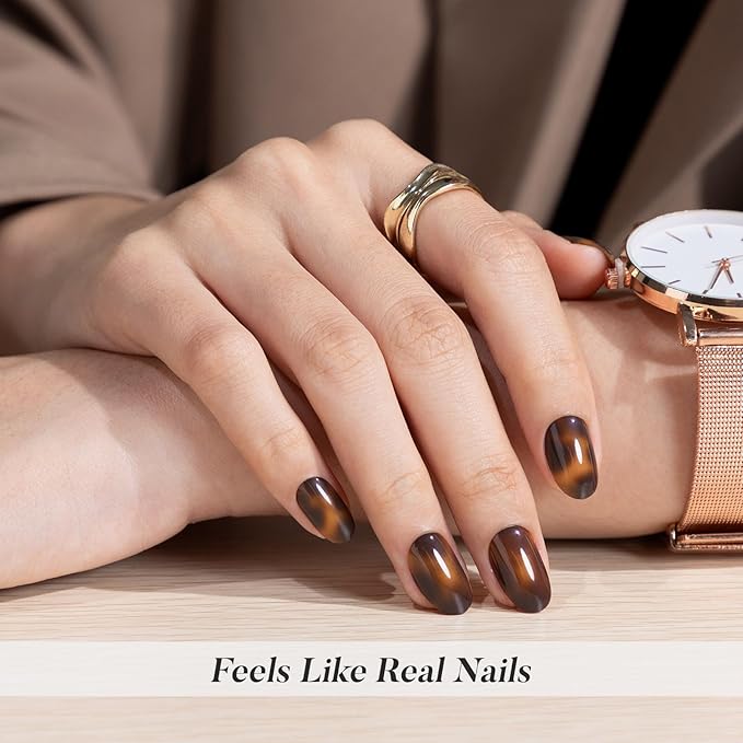 SHANGMENG Tortoise Shell Press on Nails Short - Soft Gel Oval Press on Nails for Women, Seamless Fit & Glossy Glue on Nails 16 Sizes - 32 Reusable Fake Nails Kit with Glue, Amber Memory