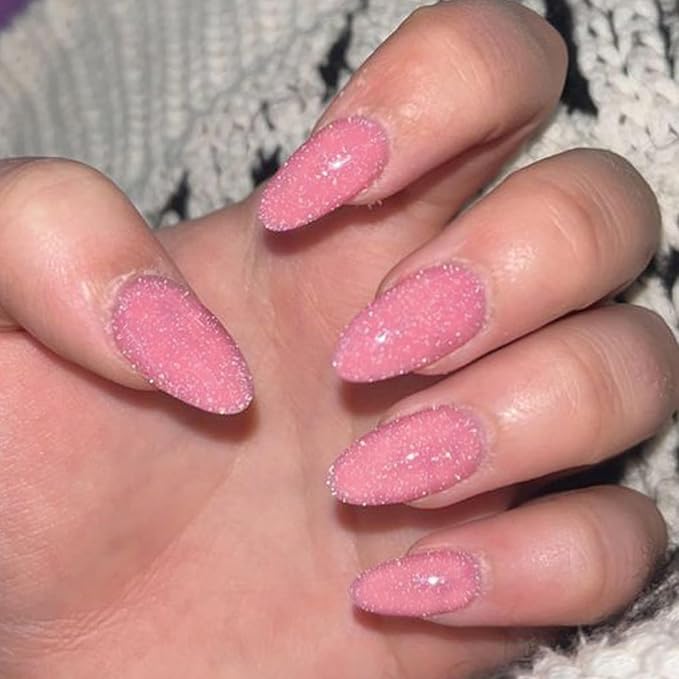 GLAMERMAID Pink Press on Nails Medium Almond, Handmade Glitter Light Pink Neutral Jelly Sofy Gel Glue on Nail Stiletto, Glossy Fake Nails Short Oval，Reusable Acrylic Stick on False Nail Kits for Women
