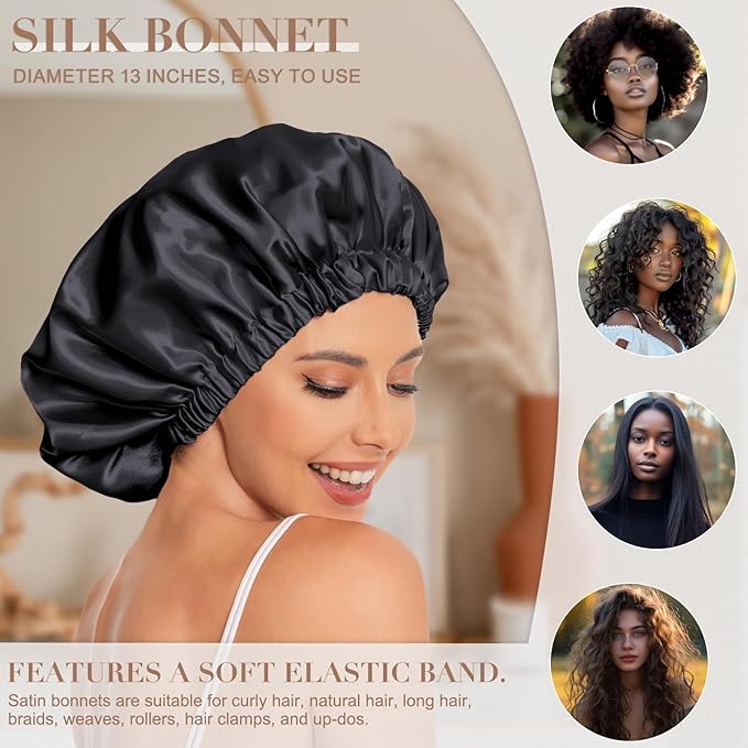 Satin Bonnet Silk Bonnet Hair Bonnet for Sleeping-Slouchy Beanie Hat Satin Sleep Cap for Women's Natural & Curly Hair(Black&Leopard)