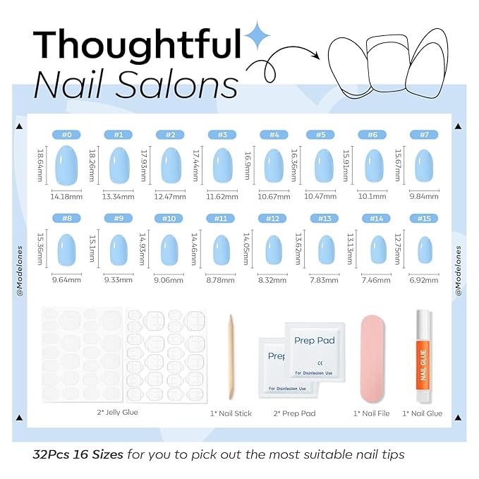 modelones Blue Short Press on Nails, Oval Fake Nails Kit Press Ons with Nail Glue, Adhesive Tabs, Nail File, Prep Pad, Manicure Stick, 32Pcs 16 Sizes