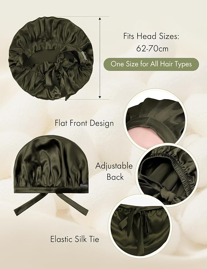 LilySilk 100% Mulberry Silk Bonnet Flat Front Silk Night Sleep Cap Adjustable Hair Wrap for Sleeping, Olive Green