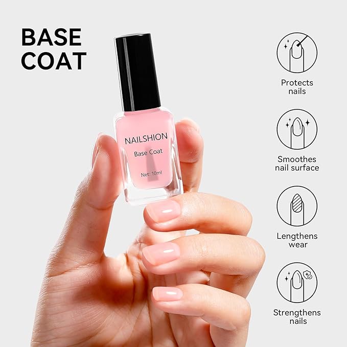 Nailshion Clear Top Coat and Sheer Pink Base Coat Ridge Filler Strengthening Anti Chip Nail Polish, Non Gel, Rich in Castor Oil, Salon Quality, High Glossy Quick Dry Home DIY Nail Art Gift Set