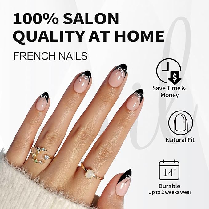 SHANGMENG Black French Tip Press on Nails Short with 3D Bow Design - Soft Gel Almond Fake Nails for Women Gift, Natural Stick on Nails with Glue in 16 Sizes - 32 Reusable Nails, Silver Ribbon