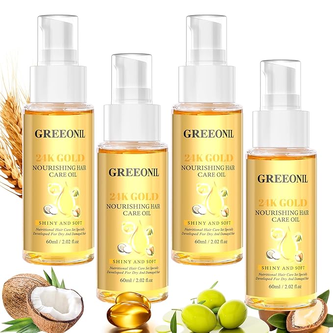 GREEONIL Argan, Coconut, and Olive Oil Nourishing Hair Treatment with Vitamin E for Frizz Control, Add Shine,Nourishing Hair Oil for Split Ends Hair Treatment, 4 Pack