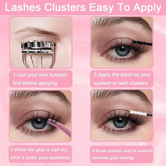 Lash Clusters Kit, 640 Pcs Eyelashes Clusters Extensions Kit 9-16mm Individual Lashes D Curl Fluffy Wispy False Eyelashes Thin Band, with Bond Seal Remover Tweezers Brush DIY (60D+80D Kit 9-16mm)