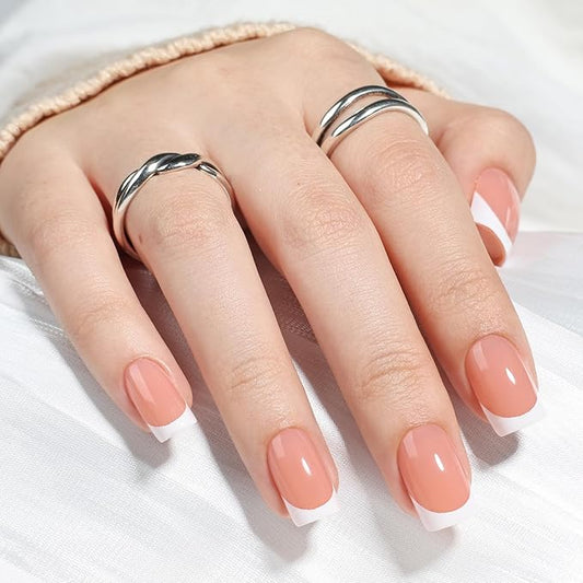 Leefrei French Tip Press On Nails - Short Square Peach-toned Nude Press on Nails Glossy Nails Press Ons for Women DIY Fake Nails Kit with Glue, Reusable Glue on Nails in 16 Sizes - 32pcs, Peach Tip
