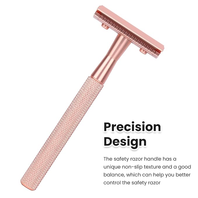 Keropy Double Edge Safety Razor For Woman With Stand and 10 Premium Stainless Steel Reusable Safety Razor, Razors For Shaving, Rose Gold