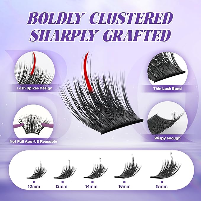 B&Q Manga Lash Clusters Kit with Spikes 10-18mm Mixed Fluffy Eyelash Clusters 120pcs Easily Achieve Salon-quality Volume Lash Extension Results Perfect for Beginners to DIY at Home(KIT-SalonSpike 02)