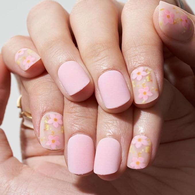 GLAMERMAID Light Pink Extra Short Press on Nails, Spring Summer Floral Fake Nails Short Squoval with Sakura Design, Matte Square Glue on Nails, Acrylic False Nails, Glossy Round Fake Nails for Women