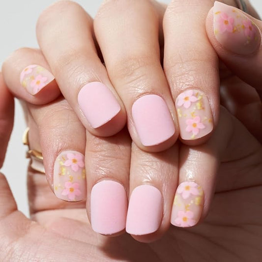 GLAMERMAID Light Pink Extra Short Press on Nails, Spring Summer Floral Fake Nails Short Squoval with Sakura Design, Matte Square Glue on Nails, Acrylic False Nails, Glossy Round Fake Nails for Women