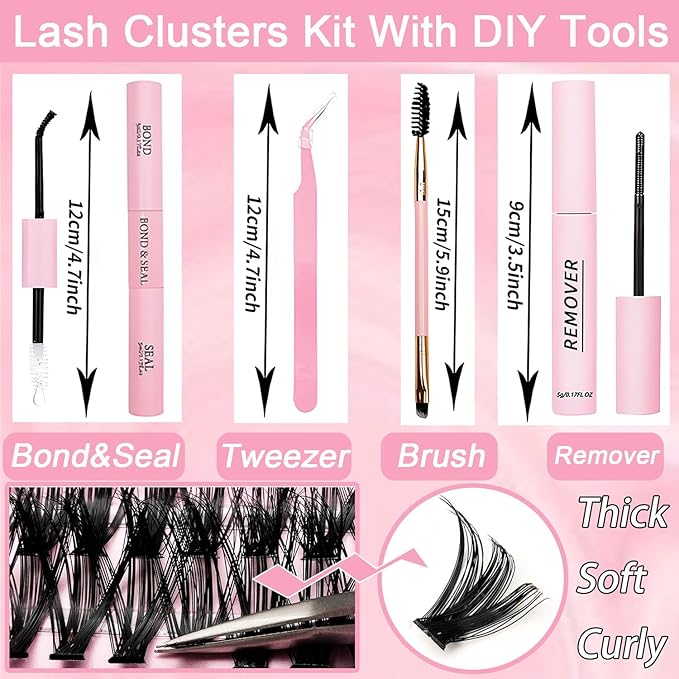 Lash Clusters Kit, 640 Pcs Eyelashes Clusters Extensions Kit 9-16mm Individual Lashes D Curl Fluffy Wispy False Eyelashes, with Bond Seal Remover Tweezers Brush DIY (40D+50D+60D+80D Kit 9-16 mm)