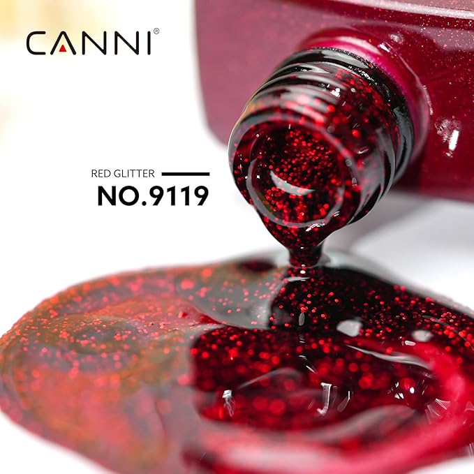 CANNI Dark Burgundy Glitter Red Gel Nail Polish, 1Pcs Sparkle Bright Red Gel Polish Color High Gloss Soak Off U V Nail Manicure Salon DIY