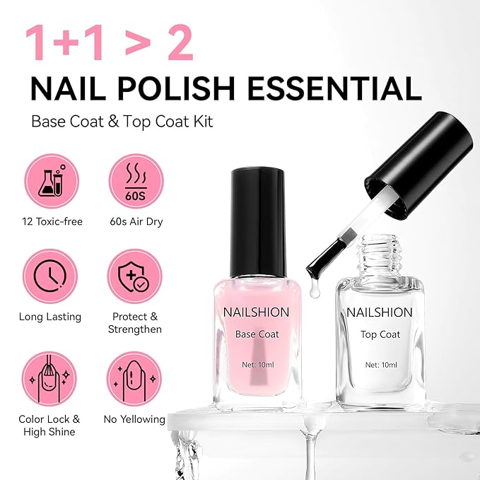 Nailshion Clear Top Coat and Sheer Pink Base Coat Ridge Filler Strengthening Anti Chip Nail Polish, Non Gel, Rich in Castor Oil, Salon Quality, High Glossy Quick Dry Home DIY Nail Art Gift Set