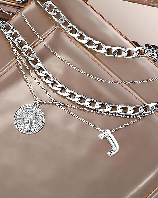 MJartoria Layered Necklaces for Women Trendy Balloon Initial Coin Pendant Necklace Dainty Chunky Chain Choker Necklaces Jewelry Birthday Gifts