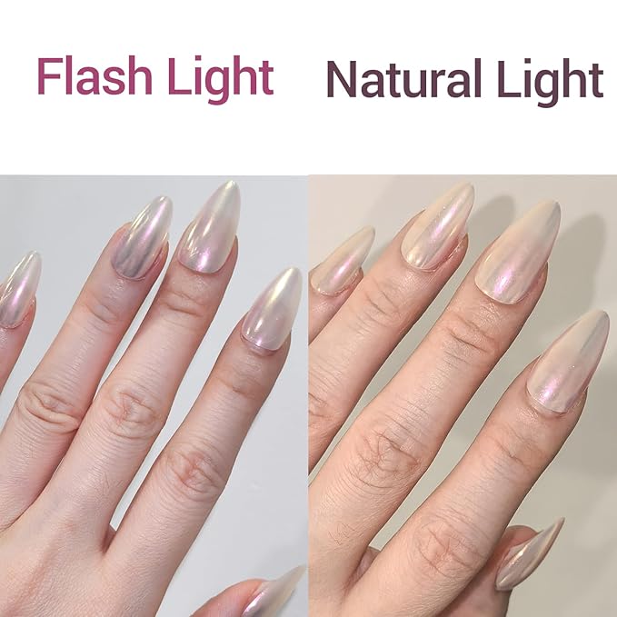GLAMERMAID Chrome Press On Nails Medium Almond, White Handmade Metal Fake Nails Stiletto, Glitter Glazed Donut False Nail Short Oval, Glossy Natural Reusable Acrylic Stick Glue on Nails Kit for Women