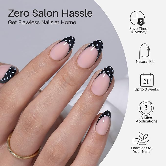 SHANGMENG Black French Tip Press on Nails Short - Polka Dots, Soft Gel Almond Press on Nails for Women, Seamless Fit Glue on Nails in 16 Sizes - 32 Reusable Fake Nails Kit with Glue