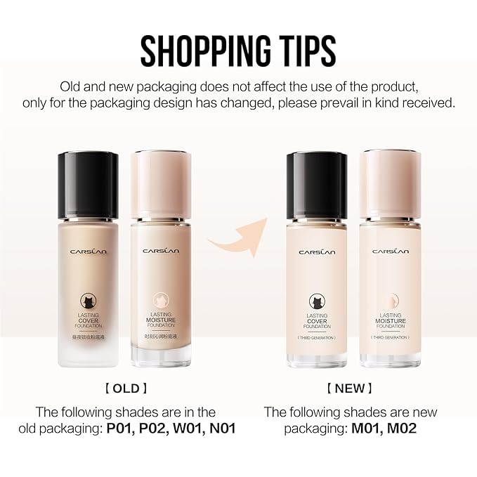 CARSLAN Lasting Moisture Foundation, 24H Longlasting Medium Coverage Dewy Finish Face Makeup, Poreless, Lightweight, Waterproof, Oil Free Liquid Foundation, P01