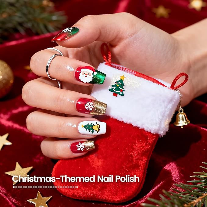 OpenLive Christmas Nail Polish Set 10 Colors and Base Coat and Top Coat Red Green Glitter Gold Silver Nail Polish Kit Quick Dry Manicure Nail Art Manicure DIY Home Salon Gift for Women Girls