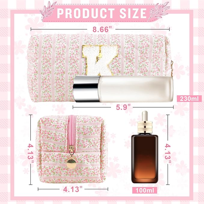 Personalized Quilted Cosmetic Bag, Puffy Monogrammed Christmas Birthday Gifts for Women & Girls, Cute initial Floral Makeup Bag Puffer Coquette Bag, Aesthetic Travel Toiletry Zipper Pouch(Pink,K)