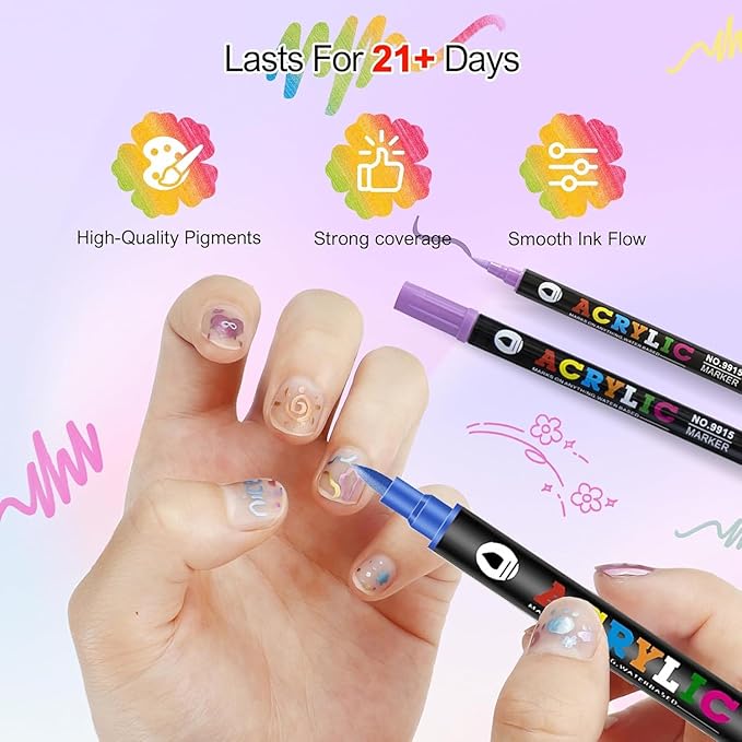 24 Colors Dual-Ended Nail Art Pens Set, 3D Acrylic Nail Polish Pens Quick-Dry Acrylic Markers & Nail Art Markers, Dotting Liner Brush for DIY Nail Design, Home & Salon Manicure Tools