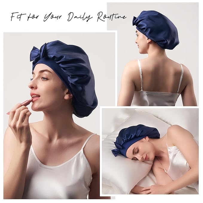 Double-Sided 22 Momme 100% Real Mulberry Silk Bonnet for Sleeping Women, Large Hair Care Bonnet for Long Curly Hair, Double Layer Silk Wrap with Soft Elastic Band, Non-Slip Sleep Cap, Navy Blue