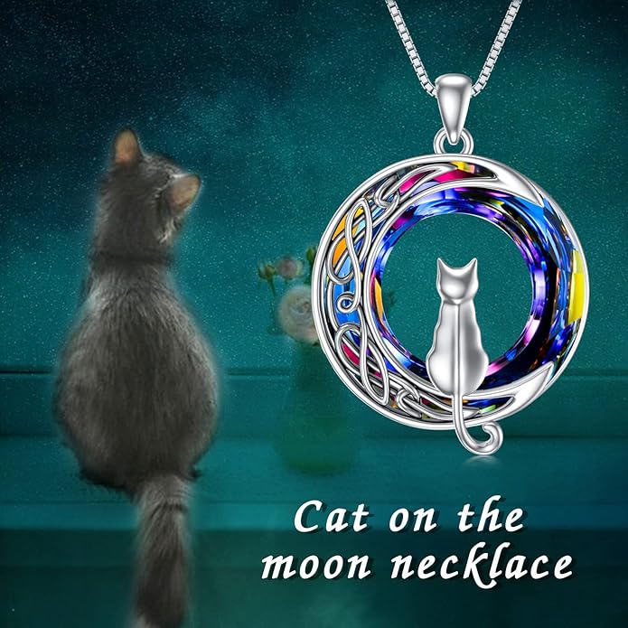 TOUPOP Cat Gifts for Cat Lovers One Two Three Four Cats Necklace Sterling Silver Cats on the Moon Pendant Necklace with Blue Circle Crystal Birthday Christmas Celtic Jewelry Gifts for Women